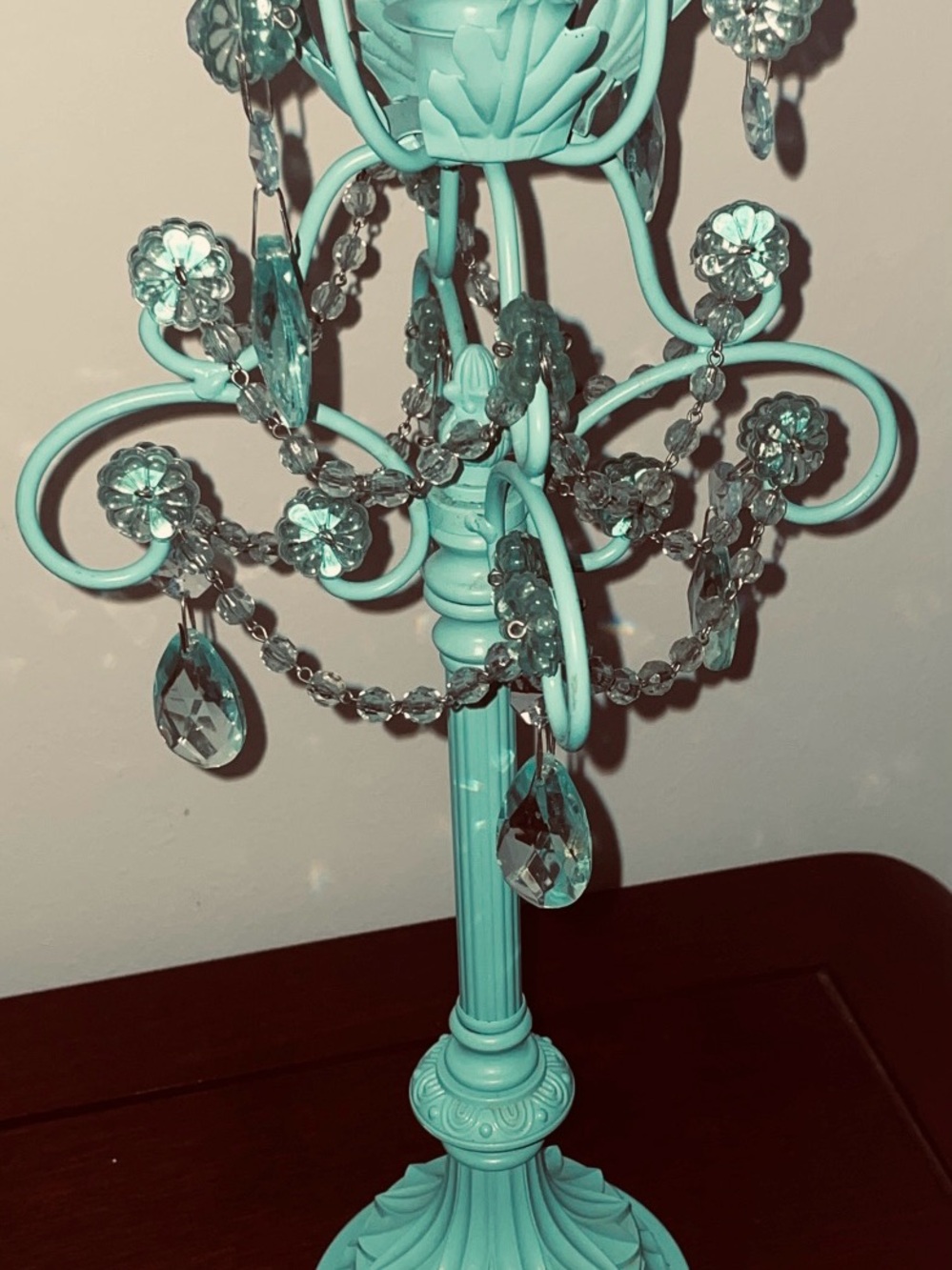 Vintage-shabby chic-tourquoise-Metal candle holder-decorated with crystals